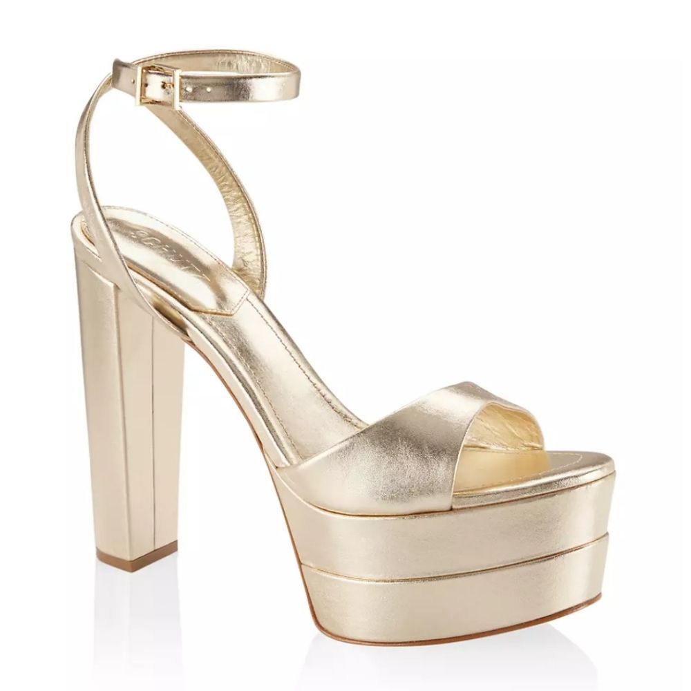 Schutz Kaila Metallic Gold Leather Platform Heels Sandals Ankle Strap Size 10b